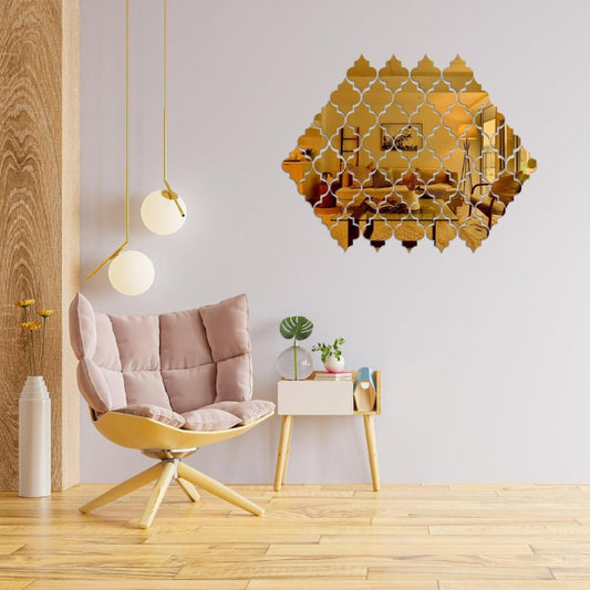 Decorative wall mirror with geometric pattern in a modern living room.